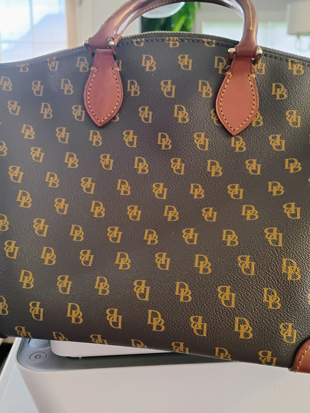 Dooney & Bourke Signature DB Monogram Satchel Brown Cognac Leather Trim - Picture 3 of 16